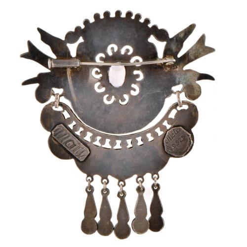 Broche mexicano con amatista, coral y turquesas.