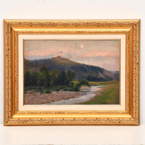 DOMINGO SOLER (1871-1951). "Paisaje al atardecer con río".