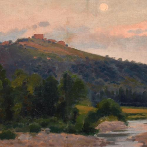 DOMINGO SOLER (1871-1951). "Paisaje al atardecer con río".