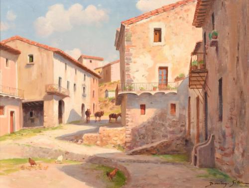 DOMINGO SOLER (1871-1951). "Calle de pueblo con gallinas".