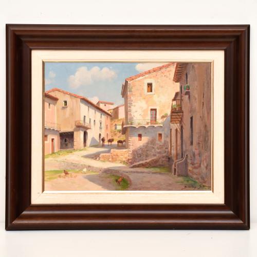 DOMINGO SOLER (1871-1951). "Calle de pueblo con gallinas".