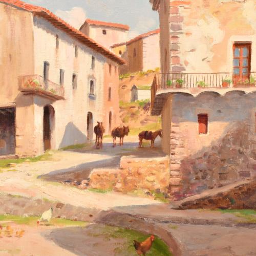 DOMINGO SOLER (1871-1951). "Calle de pueblo con gallinas".