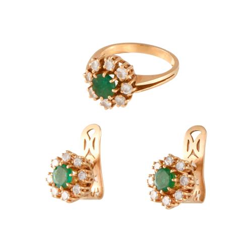 Conjunto de pendientes y anillo de esmeraldas con rosetón d