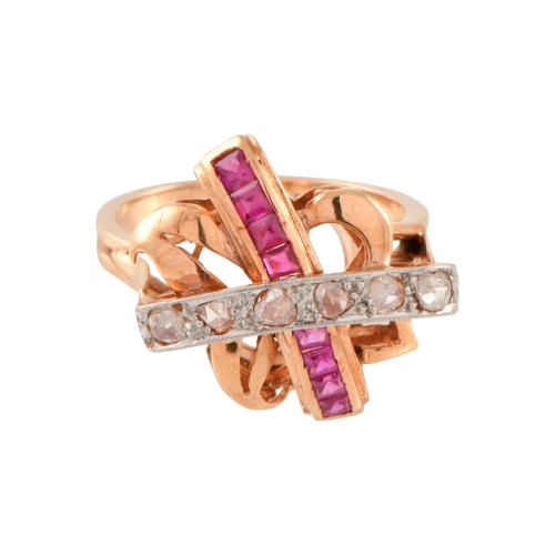 Sortija años 50 con diamantes y rubíes