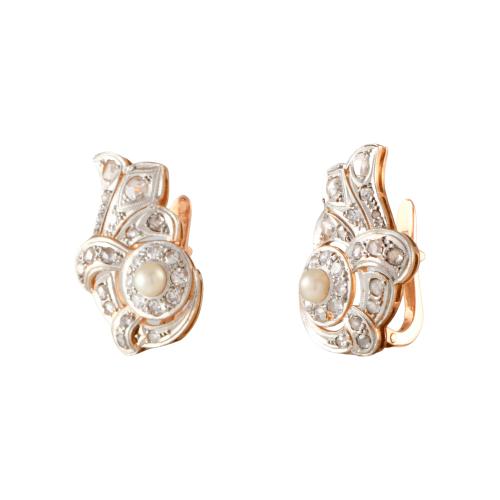 Conjunto de broche y pendientes art déco. Con perlas y diam