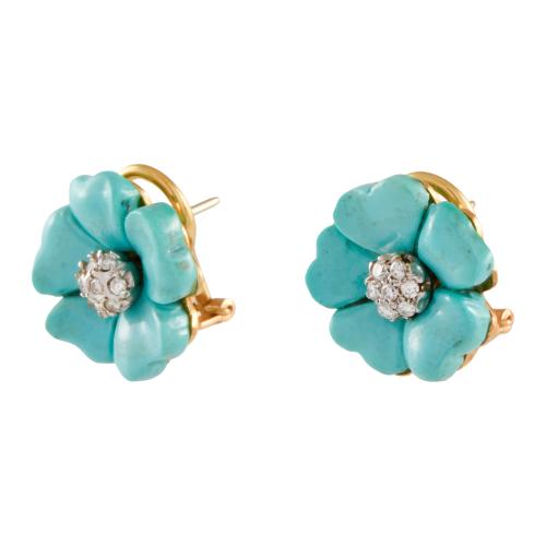Flower-shaped earrings with turquoises and diamonds.