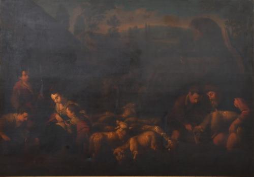 ESCUELA PROBABLEMENTE ITALIANA,SIGLO XIX. "Escena pastoril". Siguiendo modelos de Bassano.