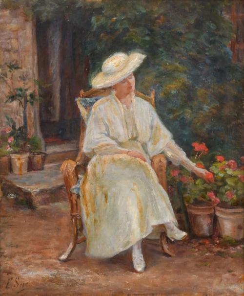 ESCUELA FRANCESA O ESPAÑOLA, SIGLO XX. "Mujer sentada en el jardín".