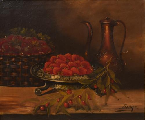 ESCUELA PROBABLEMENTE INGLESA, FIN. S. XIX-PPS. SIGLO XX. "Bodegón de fresas".