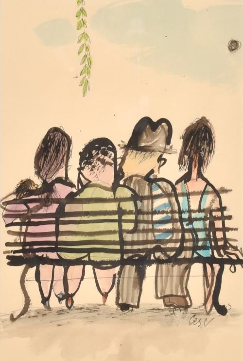 FRANCESC VILA I RUFAS, "CESC" (1927-2006). "Personajes de espaldas sentados en un banco".