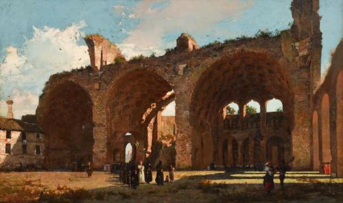 JOSEP TAPIRÓ I BARO (1830/36-1913) "Procesión en las ruinas de la Basílica de Majencio", 1864, Roma.