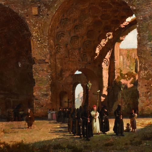 JOSEP TAPIRÓ I BARO (1830/36-1913) "Procesión en las ruinas