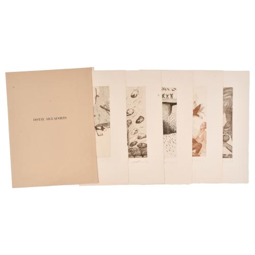 ARRANZ BRAVO, LLIMÓS Y BARTOLOZZI. Carpeta de 12 Aguafuertes, cuatro por autor. Textos de Francesc Parcerisas. 1974.