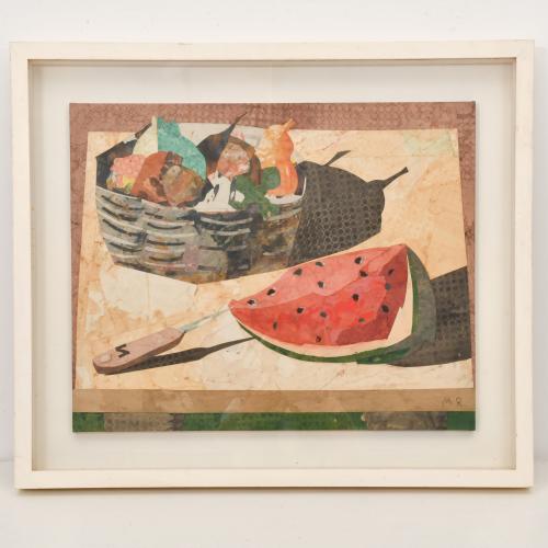 MIGUEL RASERO (1955). "Bodegón de sandia y peras".