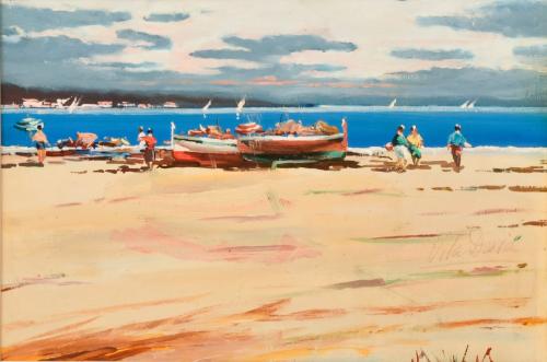 ESCUELA ESPAÑOLA, SIGLO XX. “Playa con barcas".