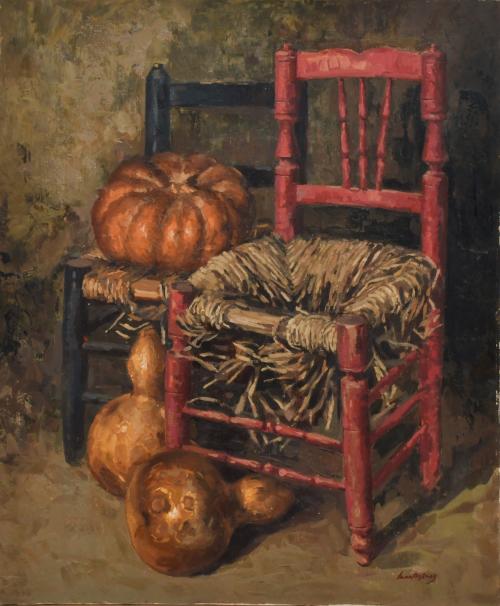 ESCUELA ESPAÑOLA, SIGLO XX. "MONTESINOS". "Bodegón de silla y calabazas".