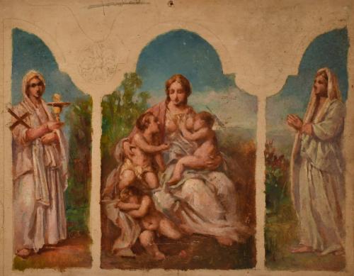 ESCUELA ITALIANA, FIN. SIGLO XIX-PPS. SIGLO XX. Esbozo para tríptico devocional "Virgen con el niño y San Juanito".
