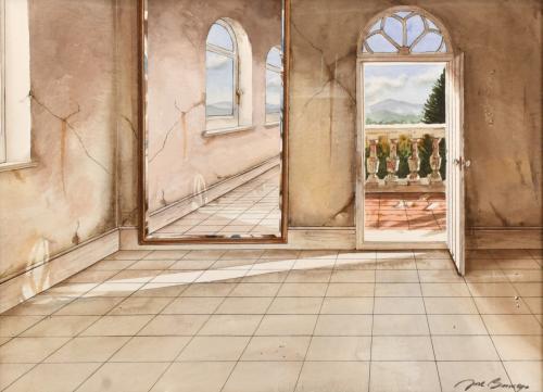 JOSÉ BERRUEZO (1952).  "Interior con vistas a la montaña".