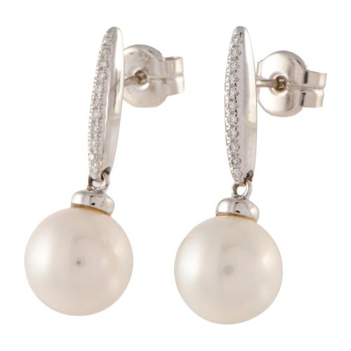 Pendientes con perla colgante y diamantes