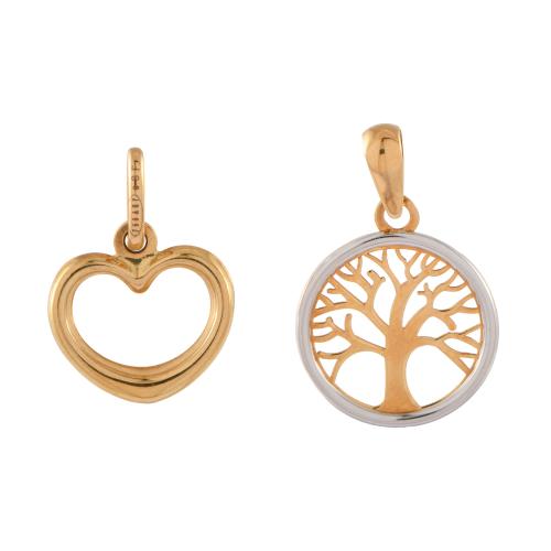 Dos colgantes en forma de corazón y árbol de la vida.