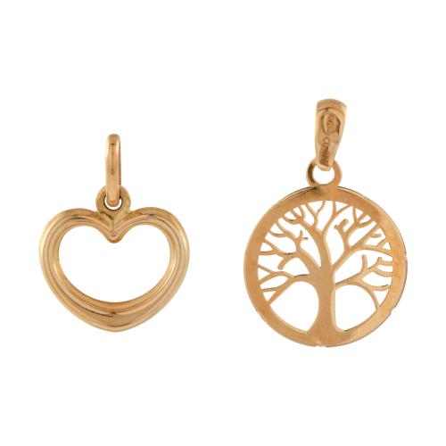 Dos colgantes en forma de corazón y árbol de la vida.