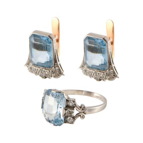 Conjunto de pendientes y anillo art déco con aguamarinas y 