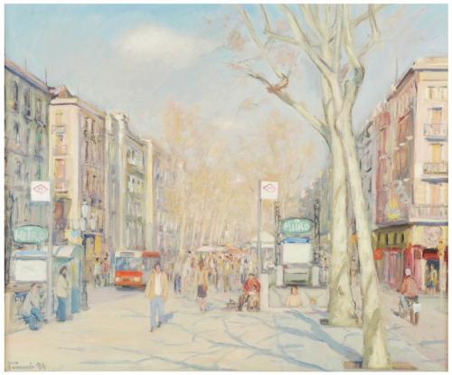 JOSEP POMÉS (1940)La RamblaÓleo sobre lienzo