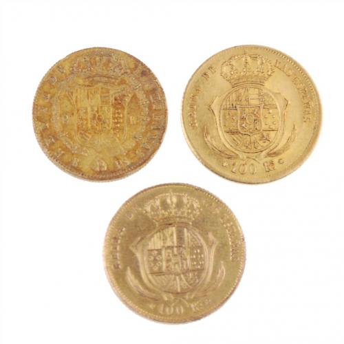 TRES MONEDAS ESPAÑOLAS EN ORO DE ISABEL II