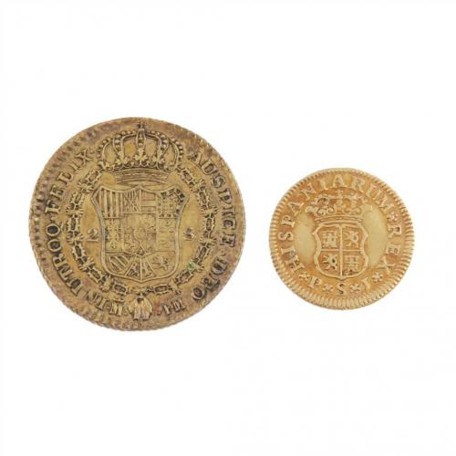 DOS MONEDAS ESPAÑOLAS EN ORO DE CARLOS IV Y FELIPE V