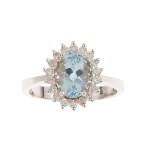 RING WITH ROSETTE OF AQUAMARINE AND DIAMONDS