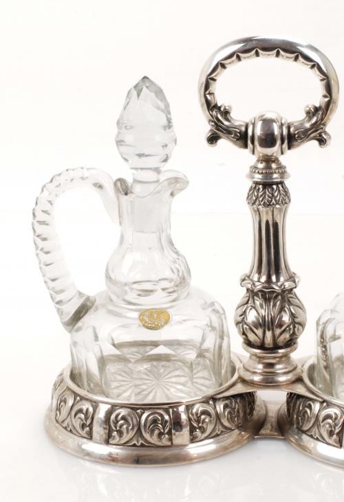 OIL AND VINEGAR CRUET, SILVER AND CUT CRYSTAL, MID 20TH CEN